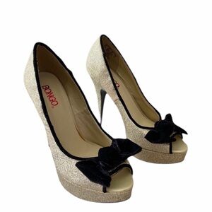 Bongo Golden Sparkle Platform Peep Toe Heels Shoe